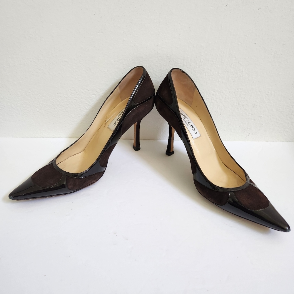 Jimmy Choo Brown Suede and Patent Leather Heels - Picture 7 of 16